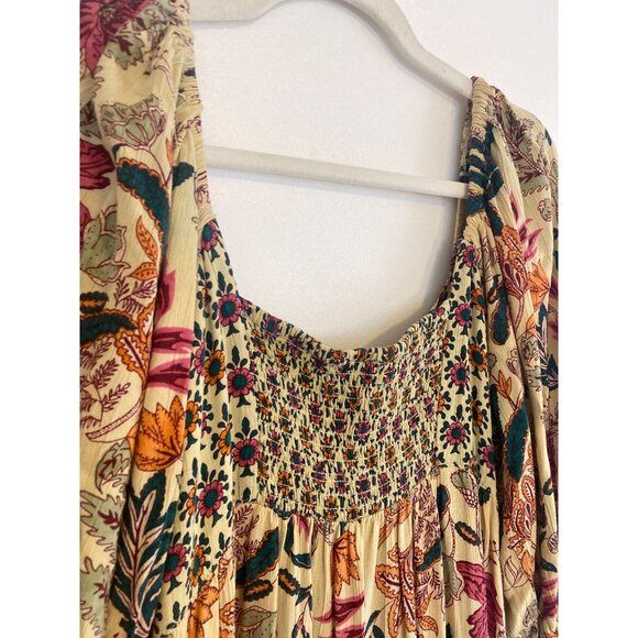 Boho Floral Smocked Midi Dress By Angie Rayon Size M Puff Sleeves Multicolor - Picture 6 of 6